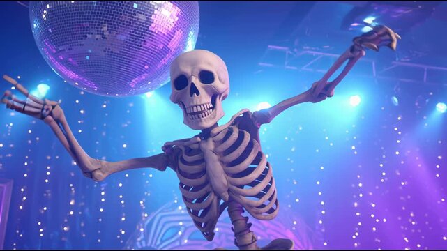 Dance party features a lively skeleton enjoying the beat in a colorful setting
