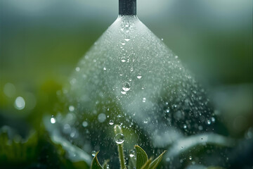 Gentle water spray nourishes lush green plants in a vibrant garden, promoting healthy growth and life.