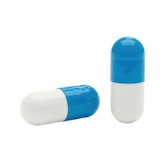 Two blue and white medical capsules isolated on white background