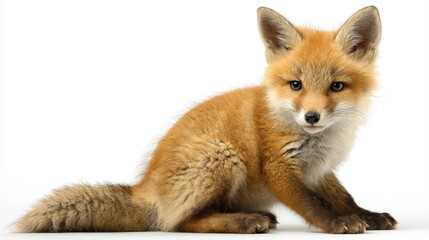 Adorable Little Fox Cub Sitting Isolated Against a White Background Captivating Wildlife Portrait for Social Media and Branding.
