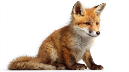 Cute Little Fox Cub Sitting Isolated Against a White Background Perfect for Social Media Campaigns, Lifestyle Branding, and RelaxationFocused Projects.