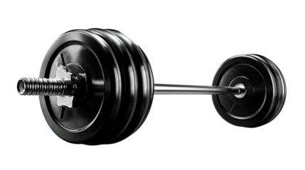 Barbell and Weight Plates: a studio shot of a black and chrome weightlifting barbell with multiple plates. Highlighting the tools essential to strength training and fitness