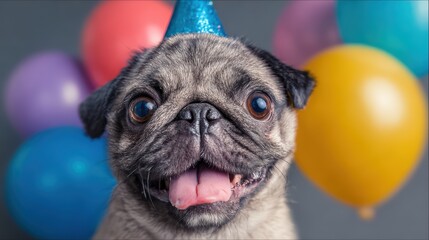 Adorable Grey Pug Dog Celebrating with a Party Hat, Surrounded by Colorful Balloons Ideal for Social Media Campaigns or Lifestyle Branding, Inspires Joy and Fun.
