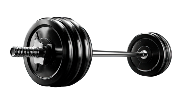 Barbell and Weight Plates: a studio shot of a black and chrome weightlifting barbell with multiple plates. Highlighting the tools essential to strength training and fitness