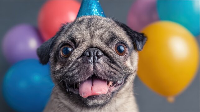 Adorable Grey Pug Dog Celebrating with a Party Hat, Surrounded by Colorful Balloons Ideal for Social Media Campaigns or Lifestyle Branding, Inspires Joy and Fun.
