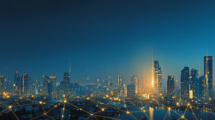 Naklejka premium Twilight a city of modern business and smart digital innovation with a network of interconnected rewards over the cityscape of the future smart wireless digital city and social media network
