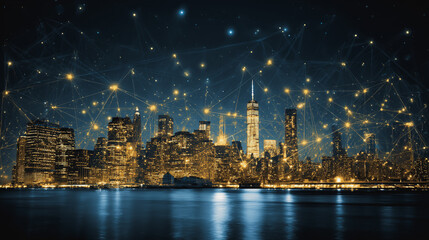 Twilight a city of modern business and smart digital innovation with a network of interconnected rewards over the cityscape of the future smart wireless digital city and social media network