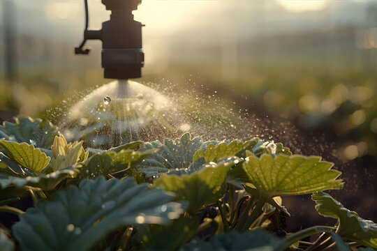 Gentle morning mist waters vibrant green plants in a sunlit greenhouse, promoting growth and freshness.