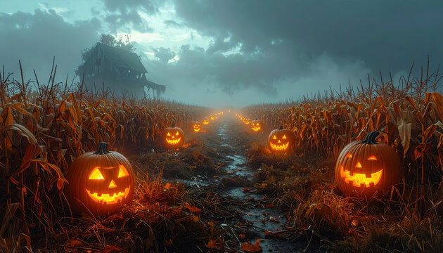 Spooky halloween scene featuring glowing jack-o'-lanterns illuminating a foggy corn maze with copy space for text