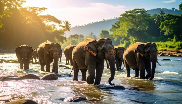 Herd of elephants crossing a river in Sri Lanka during sunrise on a vibrant day