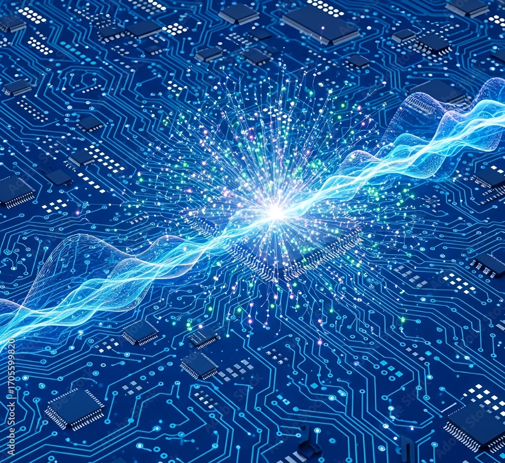 Poster modern technology circuit board illustration texture background design. waves flow. quantum explosio