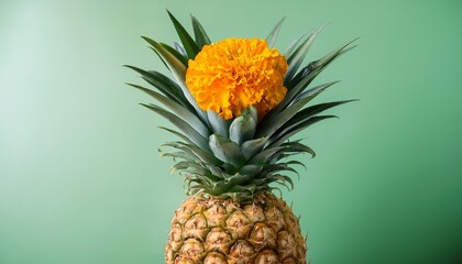 A Fresh Pineapple Its Crown Enhanced With A Small Marigold Flower Inserted Into The Leaves Symbolizing Celebration And Reverence