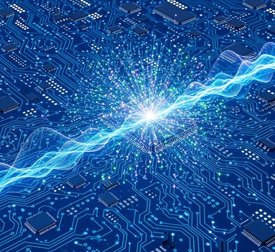 Modern technology circuit board illustration texture background design. Waves flow. Quantum explosion technology. Quantum computer technologies concepts. Futuristic blue circuit board background.&nbsp;
