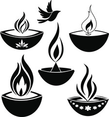 Vibrant Diwali Vector with Decorative Diyas and Mandala Pattern, silhouette Festival of Lights Vector with Rangoli and Fireworks, Traditional Diwali Oil Lamp Vector with Floral Ornament Design