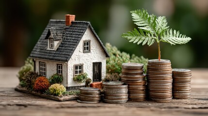 Striking Miniature House Perched atop Pile of Coins, Symbolizing Wealth and Growth Perfect for Inspirational and Financial Themed Projects, Boosting Ambition and Achievement.