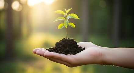 Hand holding a tiny plant with new growth, symbolizing nature, growth, environmentalism, and hope