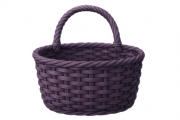 Purple woven basket rendering, sturdy handle, transparent background, isolated for seamless digital compositing