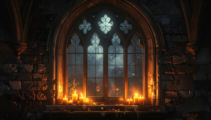 Fototapeta premium Enchanting gothic church window with candles glowing inside creating an atmospheric and warm ambiance at night