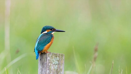 Vibrant kingfisher perched on a wooden post with a lush green backdrop in nature