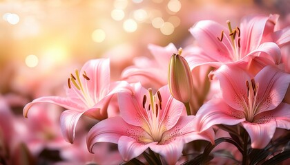 Fototapeta premium A Close Up Of Vibrant Pink Lilies With A Soft Glowing Background