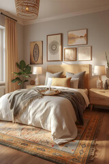 Serene bedroom sanctuary bathed in warm sunlight, featuring a comfortable bed with soft textiles and natural decor.