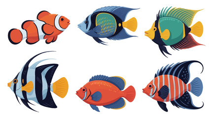 Naklejka premium Vibrant collection of six colorful tropical reef fish swimming in clear ocean water