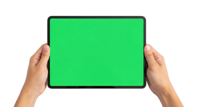 Hands holding tablet with green screen isolated on transparent background