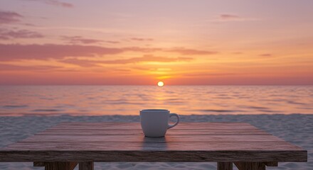 White Mug on Rustic Table at Ocean Sunset Beach Serenity