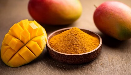 A Bowl Of Mango Powder With A Slice Of Mango And A Whole Mango In The Background