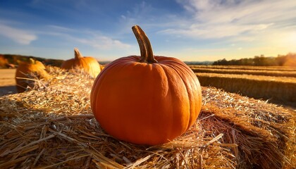 A Beautifully Stylized Pumpkin Rests On A Soft Layer Of Hay Capturing The Essence Of Fall With Warm Hues The Tranquil Setting Showcases Seasonal Beauty And Evokes Feelings Of Comfort And Harvest