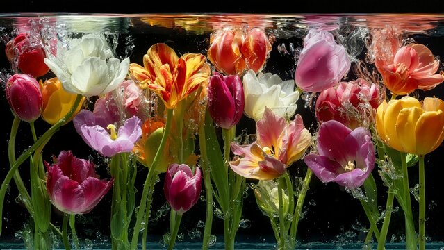 Tulips are submerged in water and come in a variety of colors