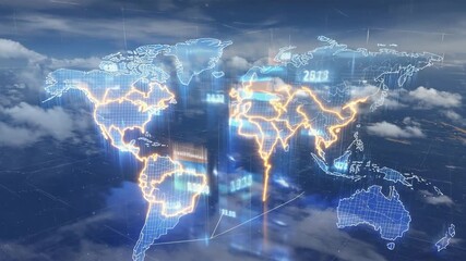 3D world map seen high oblique aerial angle orbiting Northern Hemisphere. Glowing lines trace major trade routes energy flows. Financial data streams translucent holographic bar line graphs - Powered by Adobe