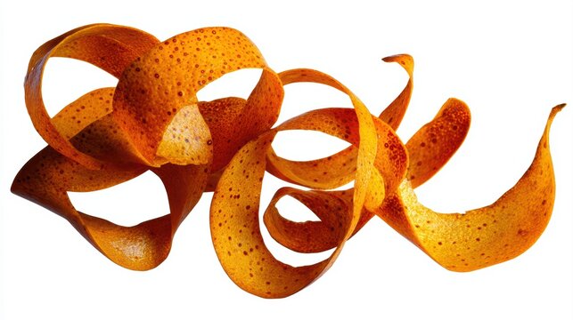 Vibrant Closeup of Orange Peel Curls on White Background Ideal for HighEnergy Campaigns, Inspires Creativity and Freshness.