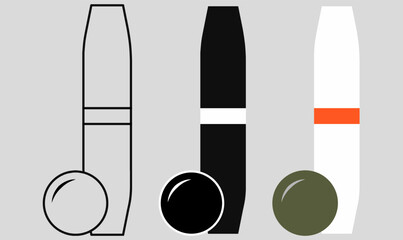 Candlepin bowling pin icons set in outline, silhouette, and colored style. Narrow pin with round ball, sport equipment symbol for bowling, leisure, and competition.