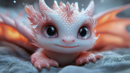 Fototapeta premium Mystic Dragon: An endearing close-up portrait of a captivating young dragon, its soft scales and vibrant wings set against a blurred, fantastical backdrop, conjuring feelings of wonder and innocence.