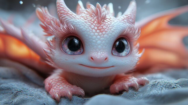 Mystic Dragon: An endearing close-up portrait of a captivating young dragon, its soft scales and vibrant wings set against a blurred, fantastical backdrop, conjuring feelings of wonder and innocence.