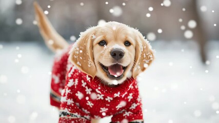 Golden Retriever puppy wearing festive red sweater playing gleefully amid snowflakes, capturing seasonal warmth and canine happiness