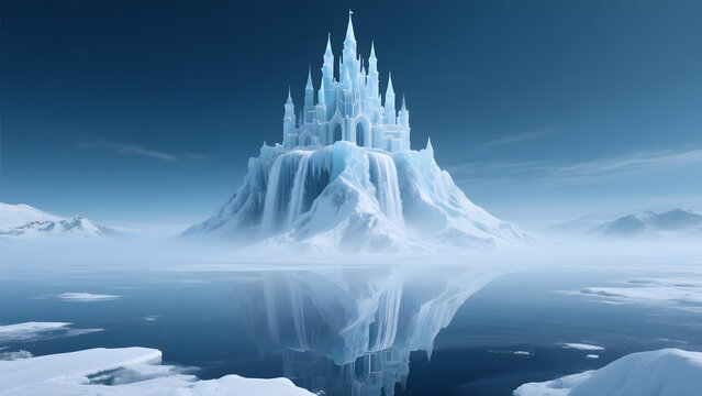 Majestic ice palace on a mountain peak reflecting on a serene frozen lake in winter landscape