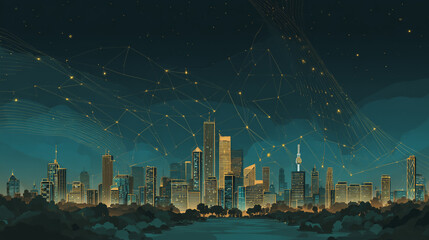 Twilight a city of modern business and smart digital innovation with a network of interconnected rewards over the cityscape of the future smart wireless digital city and social media network