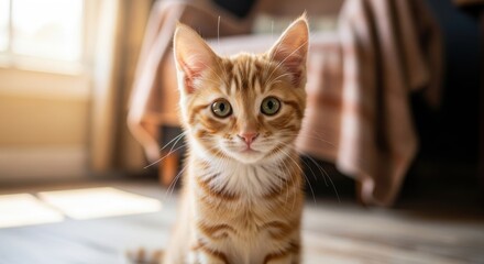 A captivating ginger tabby kitten sits gracefully indoors in natural light