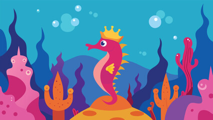 Magical underwater kingdom seahorse king crown coral reef ocean fantasy illustration vector