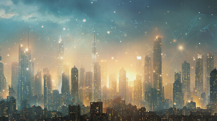  Twilight a city of modern business and smart digital innovation with a network of interconnected rewards over the cityscape of the future smart wireless digital city and social media network