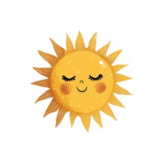 Dreamy Yellow Sun with Closed Eyes Smiling Isolated on White