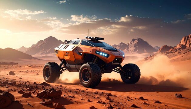 Futuristic Mars rover exploring a desolate landscape with towering mountains and cloudscape - Powered by Adobe