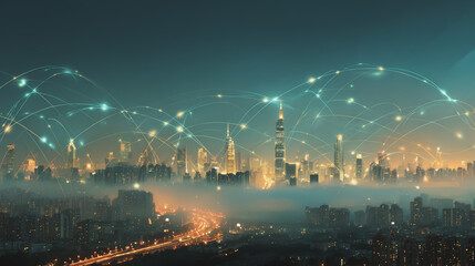  Twilight a city of modern business and smart digital innovation with a network of interconnected rewards over the cityscape of the future smart wireless digital city and social media network