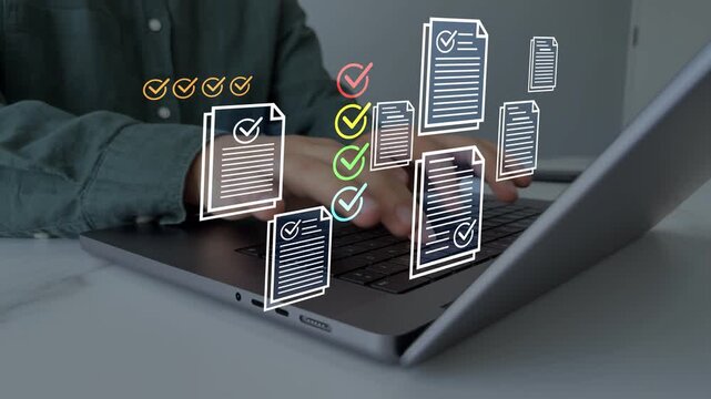 Businessman check virtual electronic documents and checklist approve.Business productivity checklist and filling survey form.Fast checklist and clipboard task management.	
