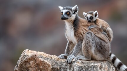 Fototapeta premium Stunning Moment Captured Upsurge of Affection Ringtailed Lemurs Cuddling Together on a Rocky Outcrop, Perfect for Heartwarming Campaigns and Emotional Projects.