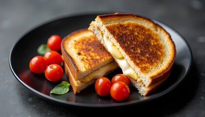 Grilled Sandwich on Black Plate with Cherry Tomatoes
