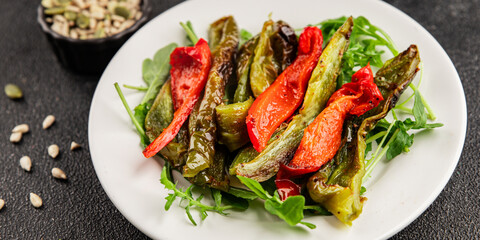 Grilled pepper salad roasted vegetables bbq meal tasty snack fresh delicious gourmet food background on the table rustic food top view copy space keto and paleo diet vegan and vegan food