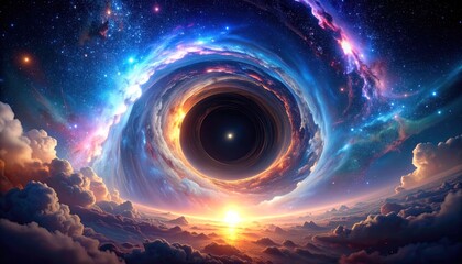 Dramatic depiction of a black hole with swirling clouds and vibrant cosmic colors